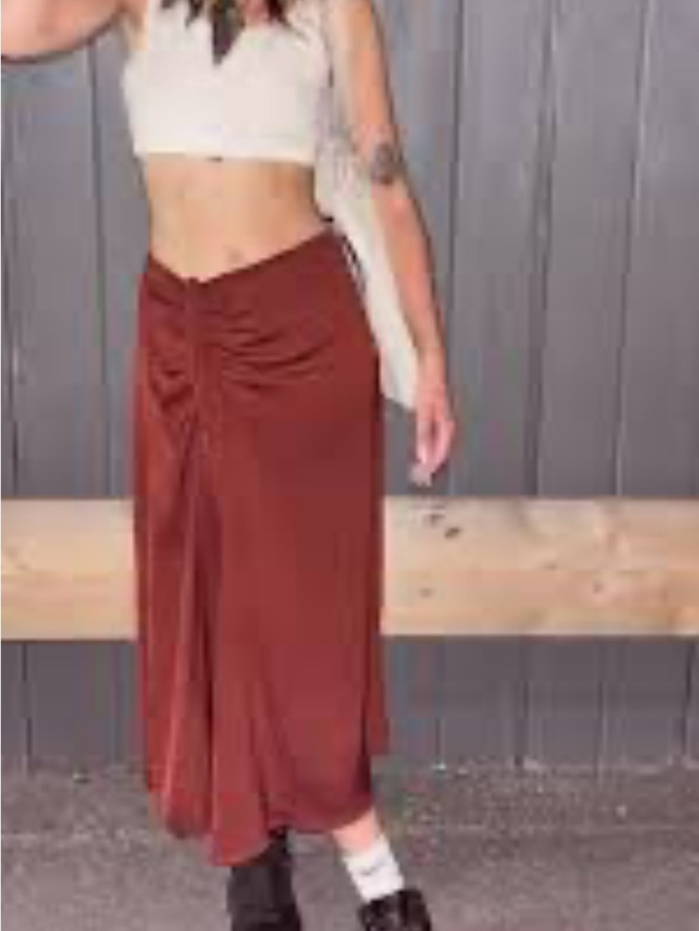 High-Waist Rust Midi Skirt with Front Ruching